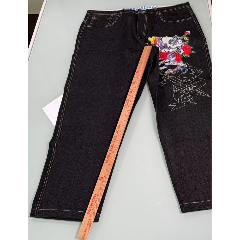 VTG Y2k Raw Blue Jeans Men 42x34 Black Denim Embroidered Embellish Skull Baggy‎